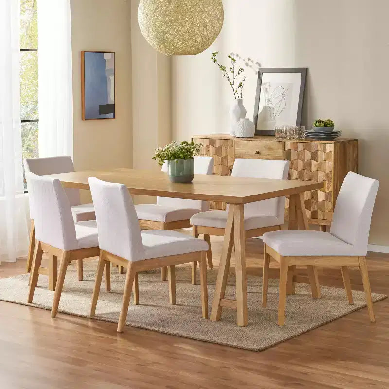 GDFStudio Hampton Ensemble de salle à manger 7 pièces en bois d'hévéa rembourré de style moderne du milieu du siècle