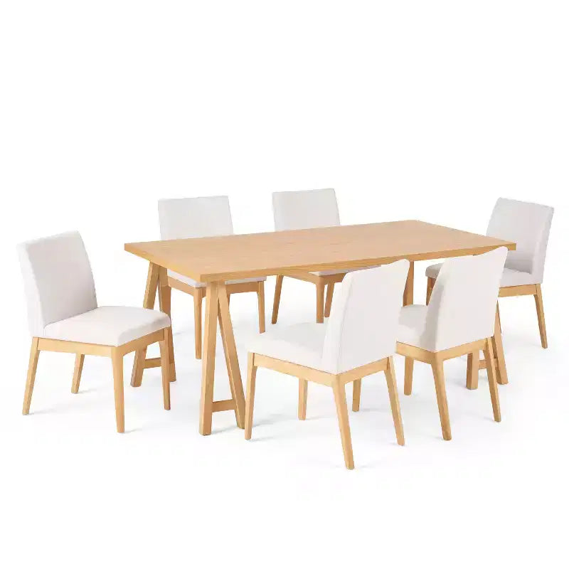 GDFStudio Hampton 7 Pieces Mid Century Modern Upholstered Rubber Wood Dining Set