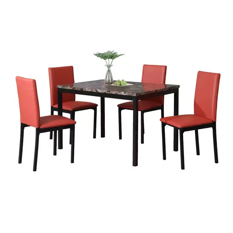 Ensemble de salle à manger 5 pièces en métal Citico avec plateau en faux marbre stratifié, rouge