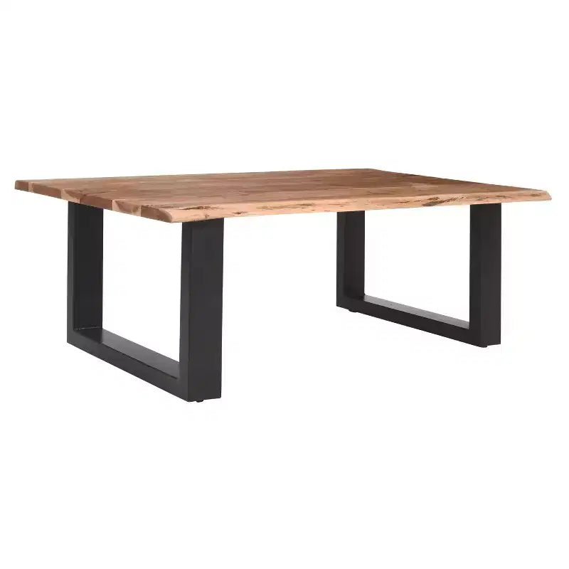 Table basse rectangulaire Urban Port 45 en bois d’acacia, détails de bord naturel, piètement en métal thermolaqué noir, brun naturel