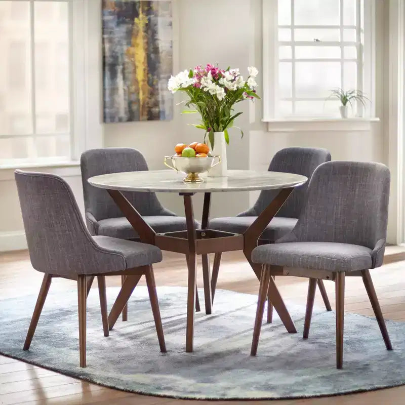 Ensemble de salle à manger 5 pièces Saville style moderne du milieu du siècle Buylateral, plateau rond en faux marbre, chaises, 4 places