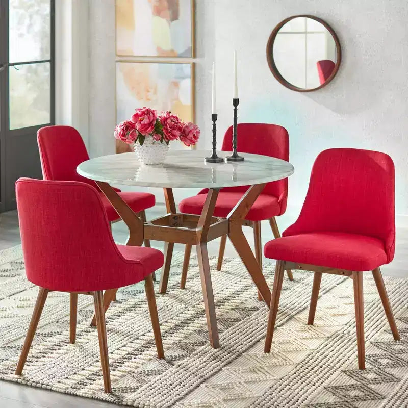 Ensemble de salle à manger 5 pièces Saville style moderne du milieu du siècle Buylateral, plateau rond en faux marbre, chaises, 4 places