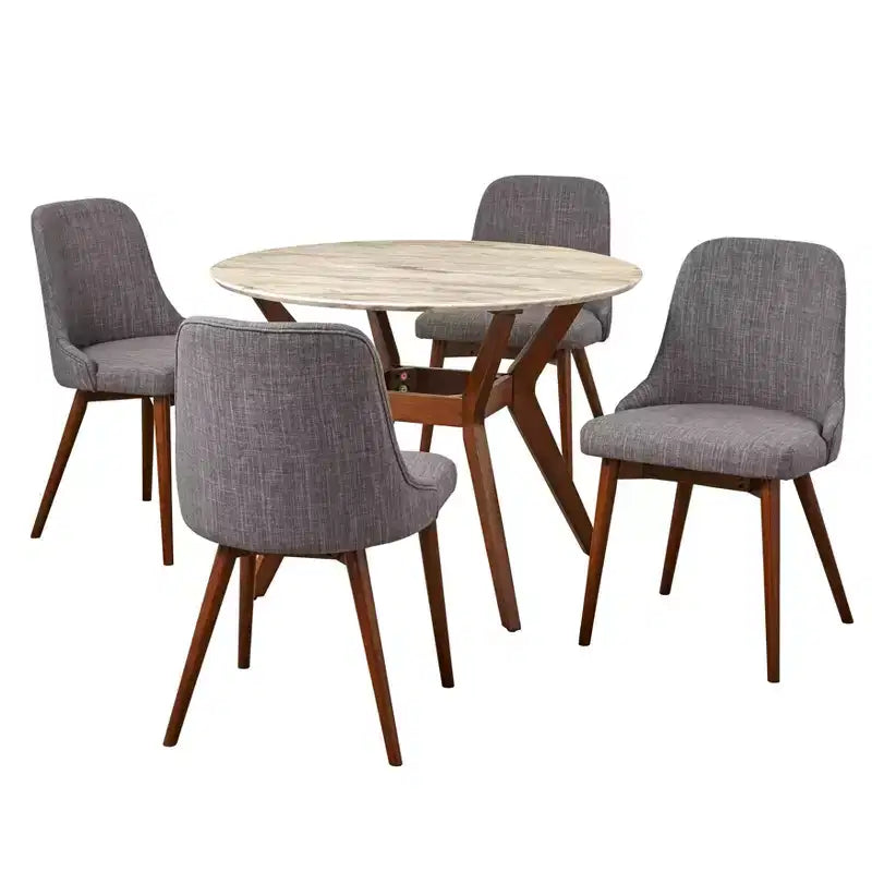 Ensemble de salle à manger 5 pièces Saville style moderne du milieu du siècle Buylateral, plateau rond en faux marbre, chaises, 4 places