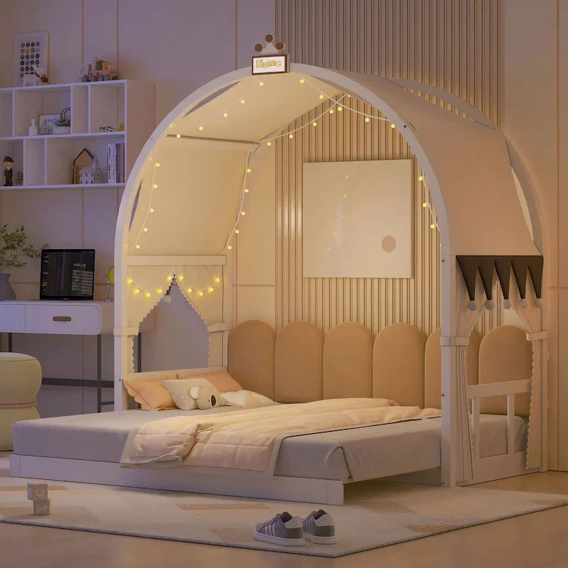 Lit plateforme Montessori au sol en bois massif, style maisonnette avec toit arqué et lit gigogne, pour filles et garçons
