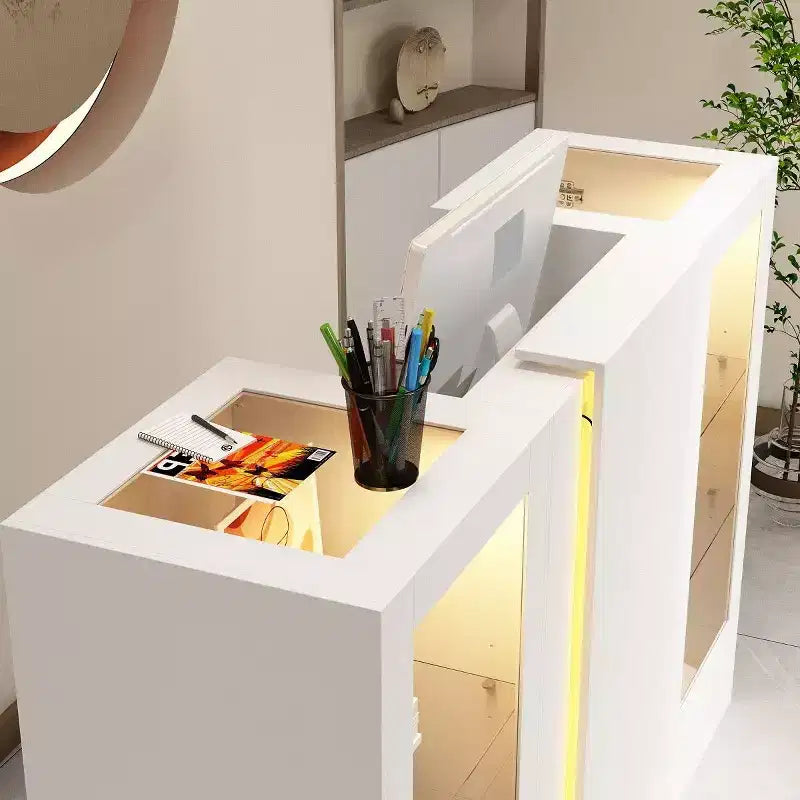 Comptoir de réception blanc Famapy avec étagères vitrées et LED