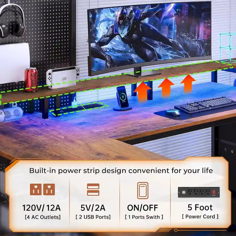 Étagères de rangement pour bureau gaming 67 L Prise électrique 2 tiroirs