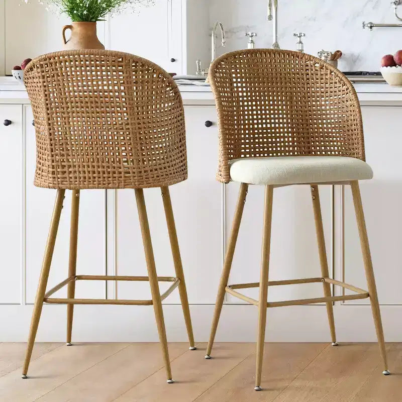 Lot de 2 tabourets de bar en rotin naturel, chaises hautes de 73,6 cm de style bohème avec dossier tissé - Panipeachy