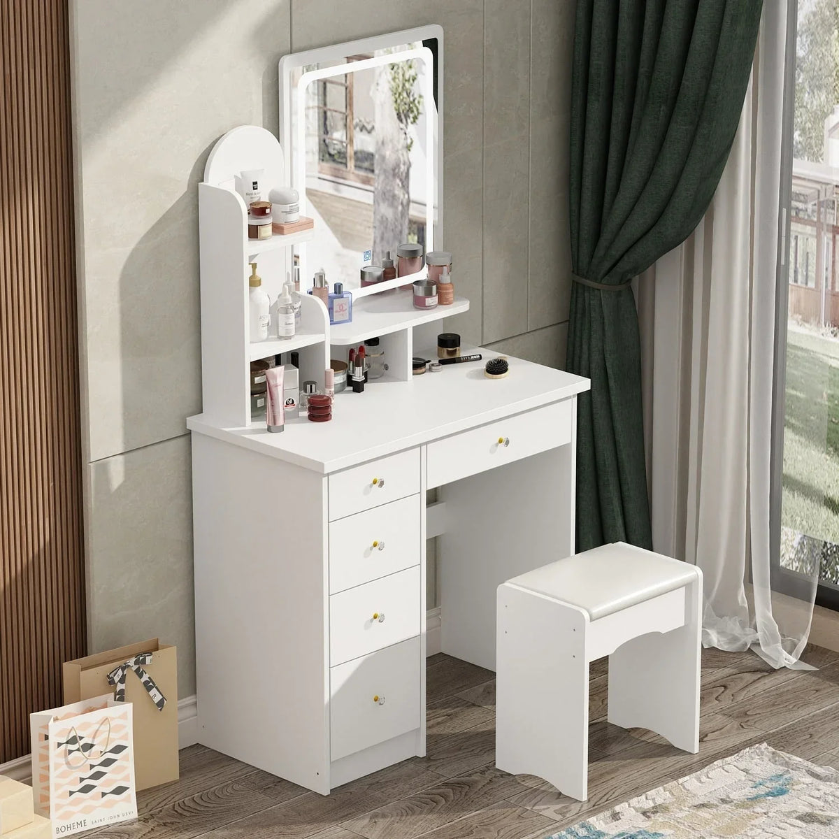 Coiffeuse avec miroir, éclairage LED et tabouret