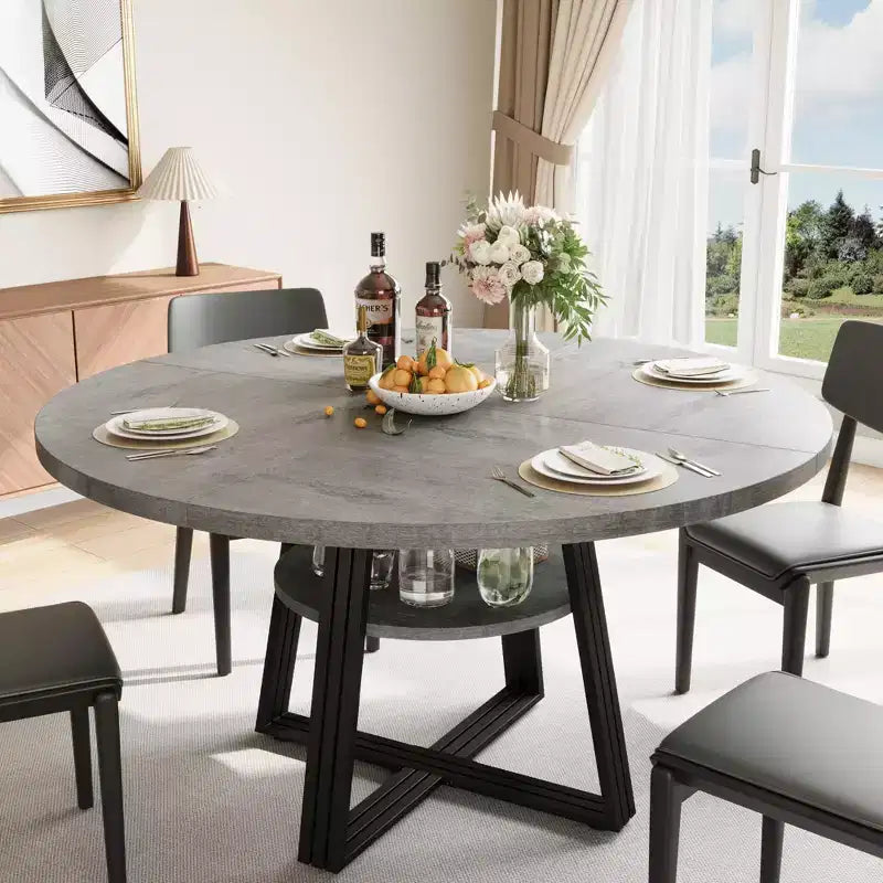 Table de salle à manger ronde pour 4 à 6 personnes, table de cuisine de 120 cm avec étagère de rangement, table à manger en bois avec base en métal pour salon, sans chaises