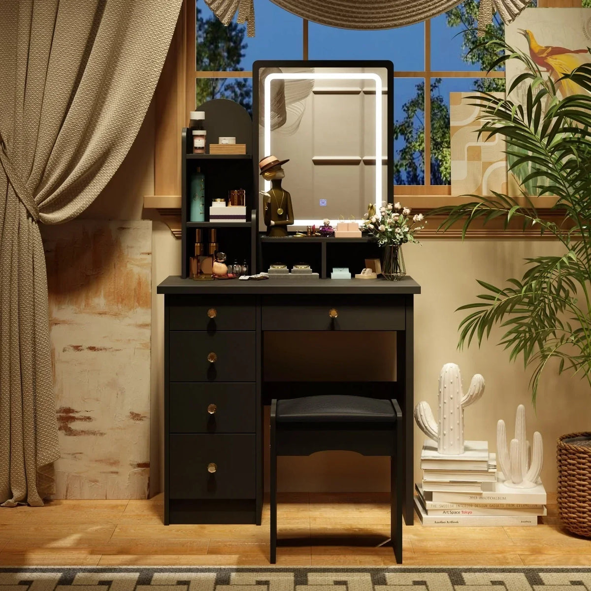 Coiffeuse avec miroir, éclairage LED et tabouret