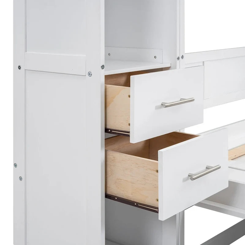Lit escamotable moderne blanc pleine grandeur avec tiroirs, casiers et armoires