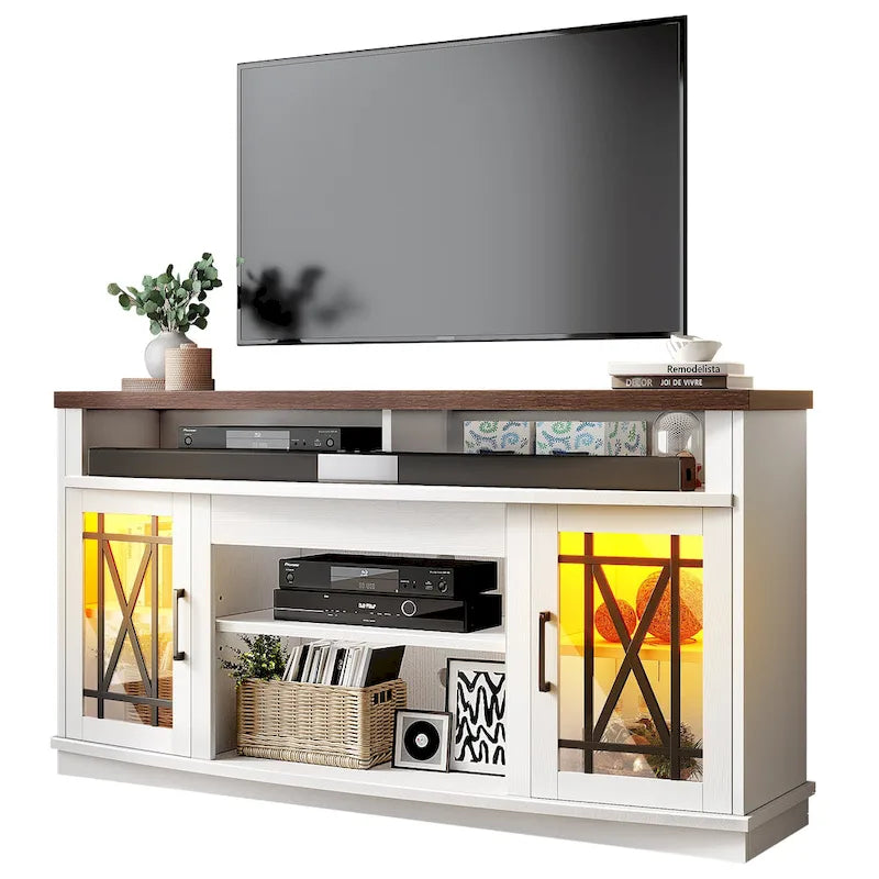 Meuble TV haut 2 portes avec lumières LED Moasis de 59 pouces pour téléviseurs jusqu'à 70 pouces