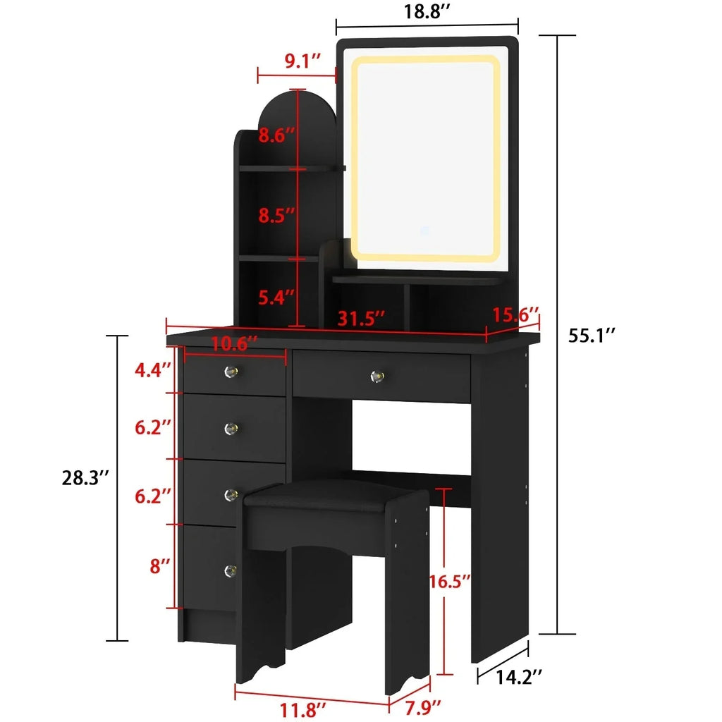 Coiffeuse avec miroir, éclairage LED et tabouret