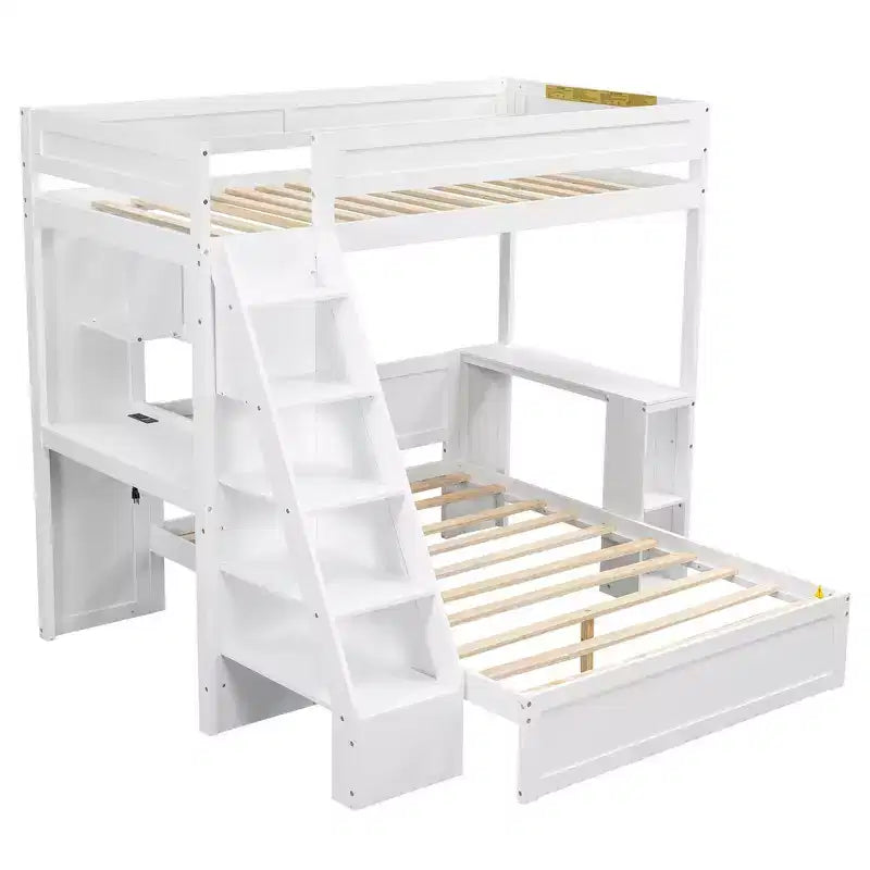Lit superposé simple XL sur double avec bureau et USB, en bois massif avec étagères latérales et rangement sous le lit