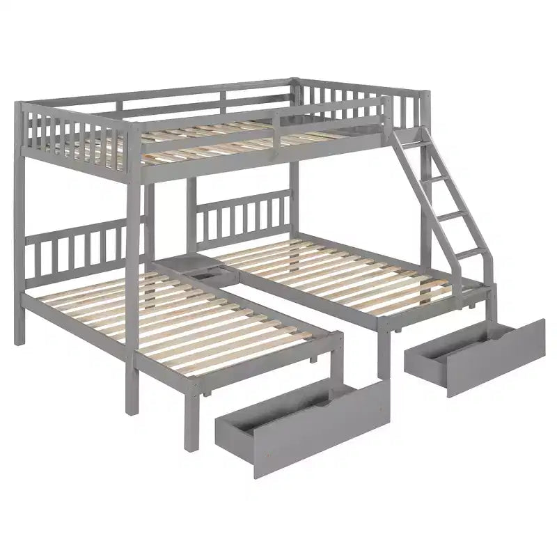 Lit superposé Triple (grand lit en haut, lits jumeaux en bas) avec 2 tiroirs de rangement, en bois, peut être séparé en 3 lits individuels