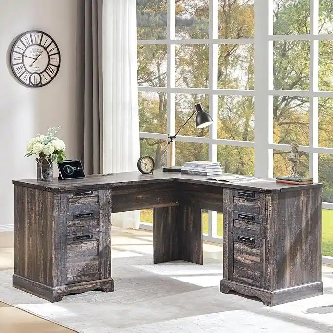 Bureau de direction en L style maison de campagne 60, bureau d'angle en bois, bureau d'ordinateur