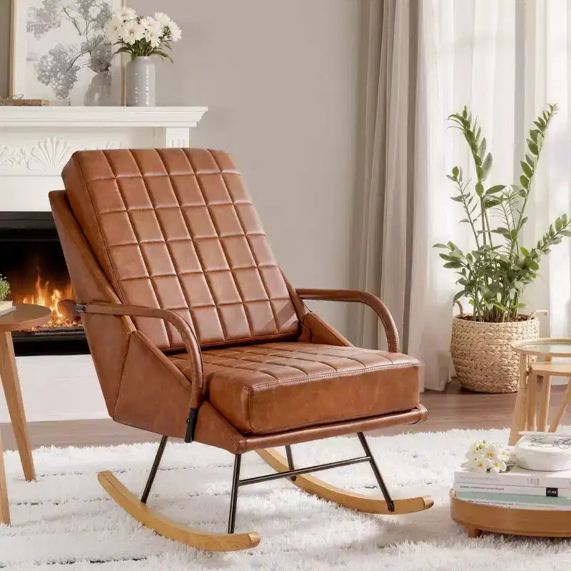VECELO Fauteuil à bascule en similicuir/tissu Teddy, fauteuil inclinable de salon moderne avec assise rembourrée, base en bois massif sécurisée Blanc/Marron