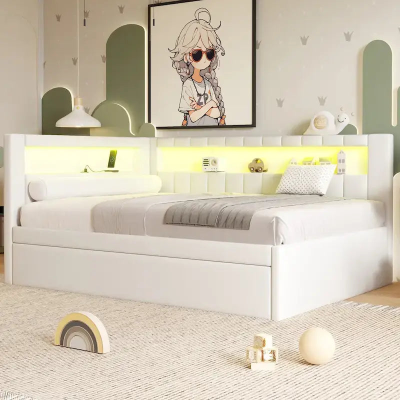 Lit plateforme rembourré avec ports USB et éclairage LED - Cadre de lit double/simple avec 2 tiroirs de rangement - Chambre moderne