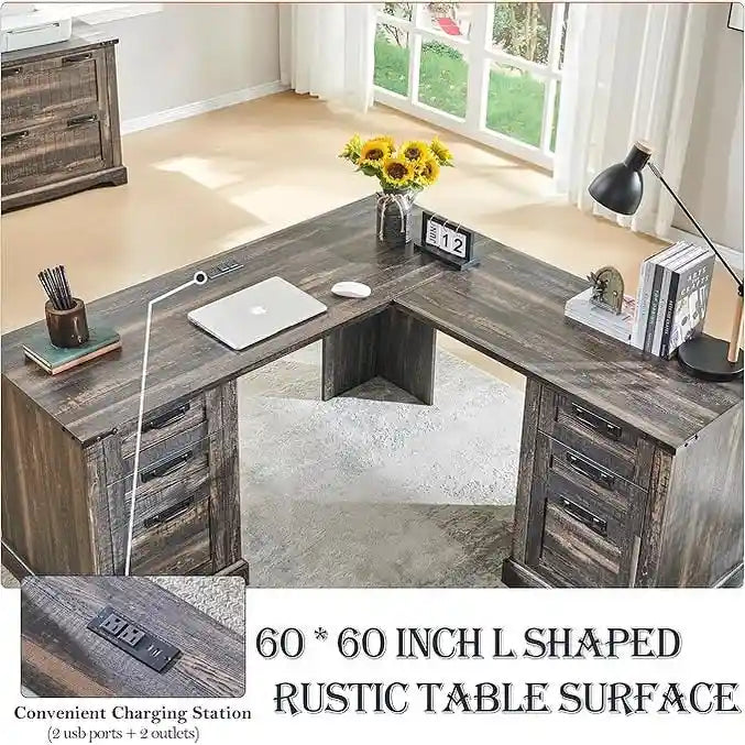 Bureau de direction en L style maison de campagne 60, bureau d'angle en bois, bureau d'ordinateur