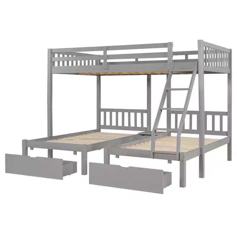 Lit superposé Triple (grand lit en haut, lits jumeaux en bas) avec 2 tiroirs de rangement, en bois, peut être séparé en 3 lits individuels