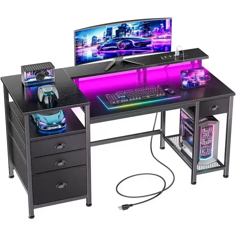 Qwatto Bureau de jeu 132 cm avec station de charge et éclairage, bureau d'ordinateur réversible, 4 tiroirs, meuble de rangement pour dossiers, étagères de rangement pour imprimante, support d'écran, finition noire