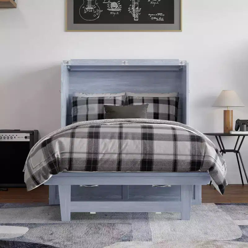 Coffre-lit escamotable avec matelas, lit jumeau XL, bleu/blanc, 1 personne