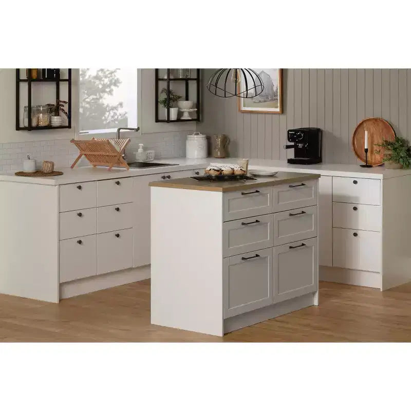 Îlot de cuisine à 6 tiroirs – Style maison de campagne, blanc et érable muscade, 47,25 po l