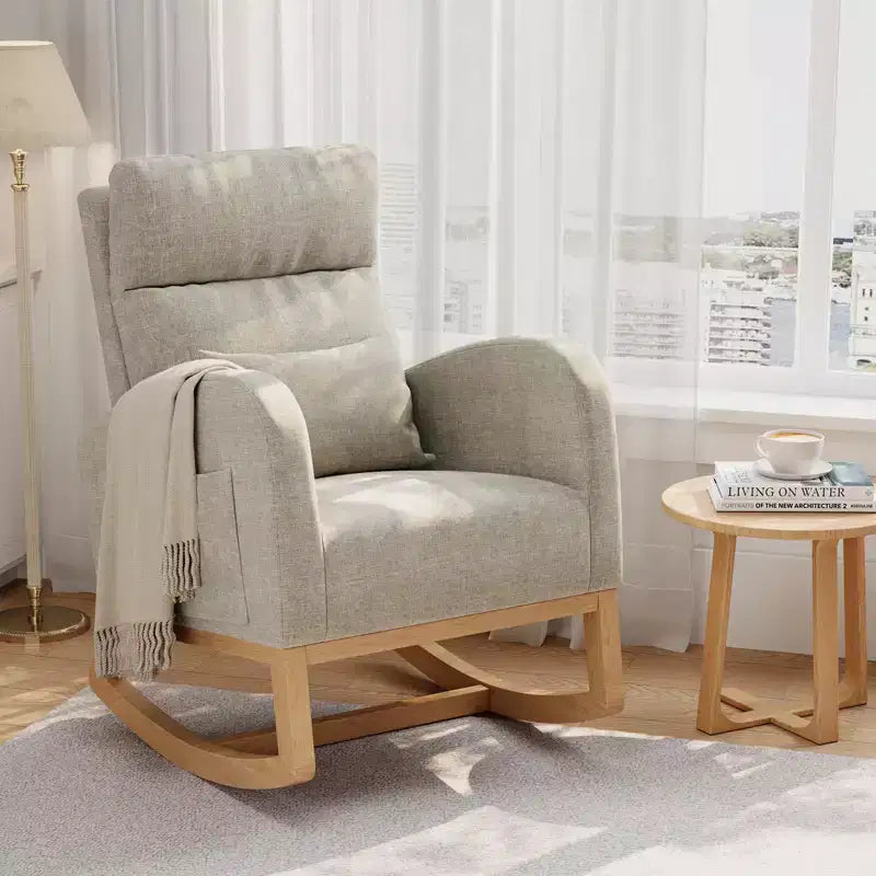 Fauteuil à bascule moderne avec oreiller et poches latérales, pour salon, chambre à coucher