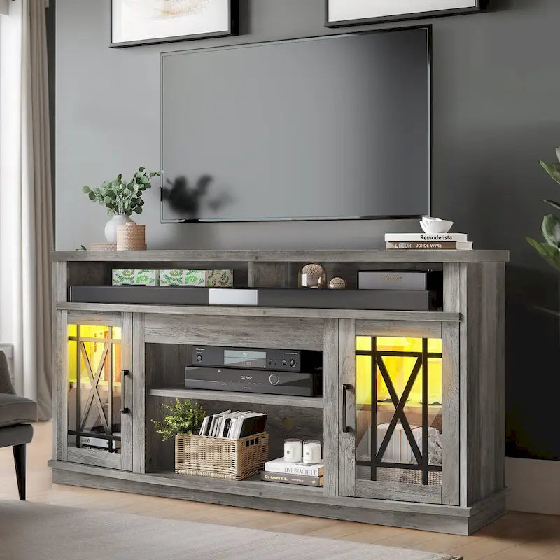 Meuble TV haut 2 portes avec lumières LED Moasis de 59 pouces pour téléviseurs jusqu'à 70 pouces