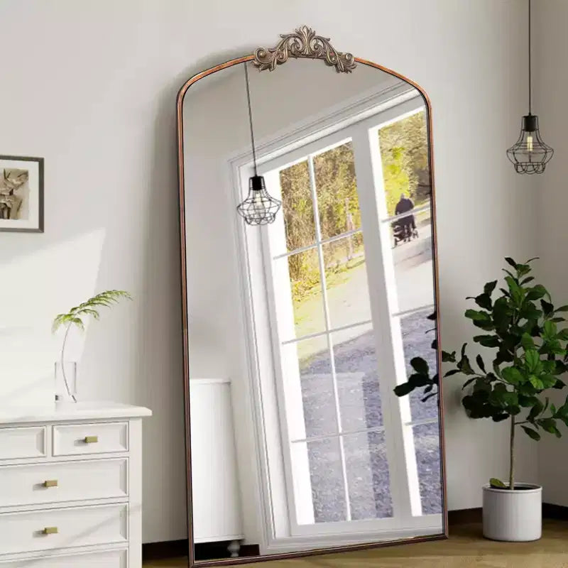 Miroir sur pied Okak 66*36/43*24 po, avec cadre en métal sculpté vintage, miroir plein pied surdimensionné, miroir arqué pour magasin de vêtements, dressing