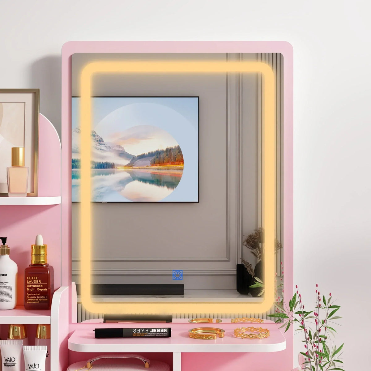 Coiffeuse avec miroir, éclairage LED et tabouret