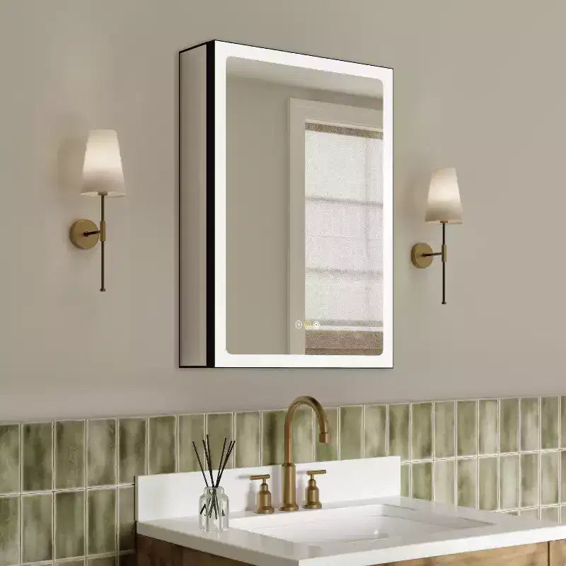 Armoire à pharmacie LED avec miroir, armoire de salle de bain encastrée/murale, intensité variable, lumière à 3 modes, anti-buée, étagères réglables, noire