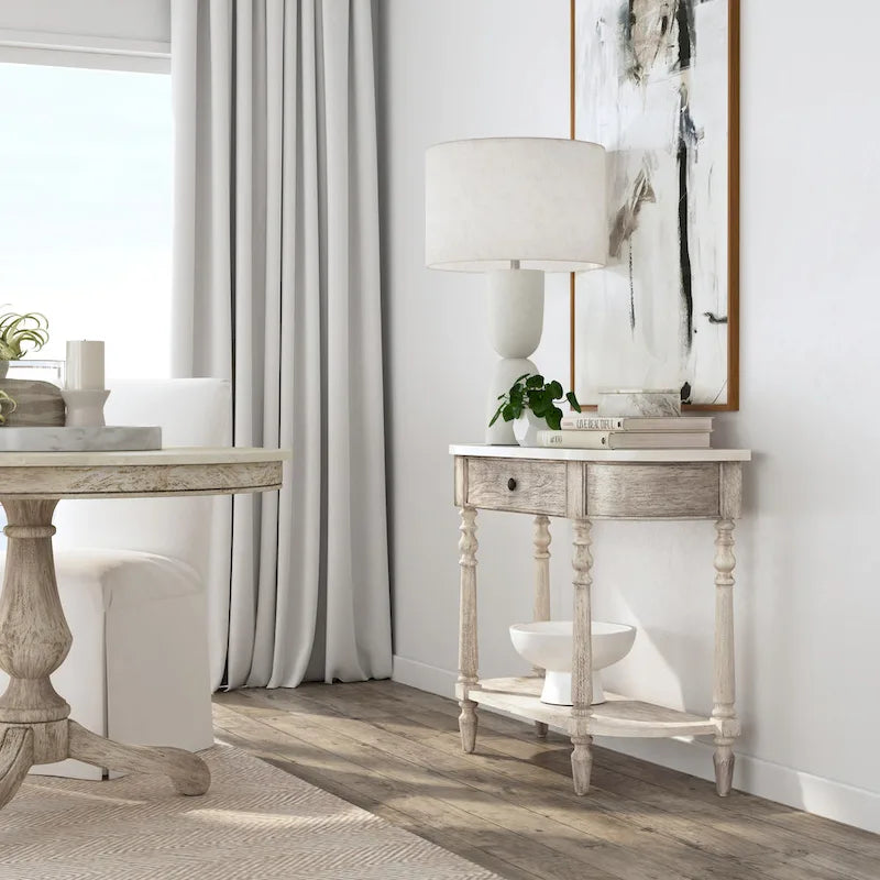 Table console avec plateau en marbre – Marron clair / gris / noir délavé, demi-lune, montage par une personne