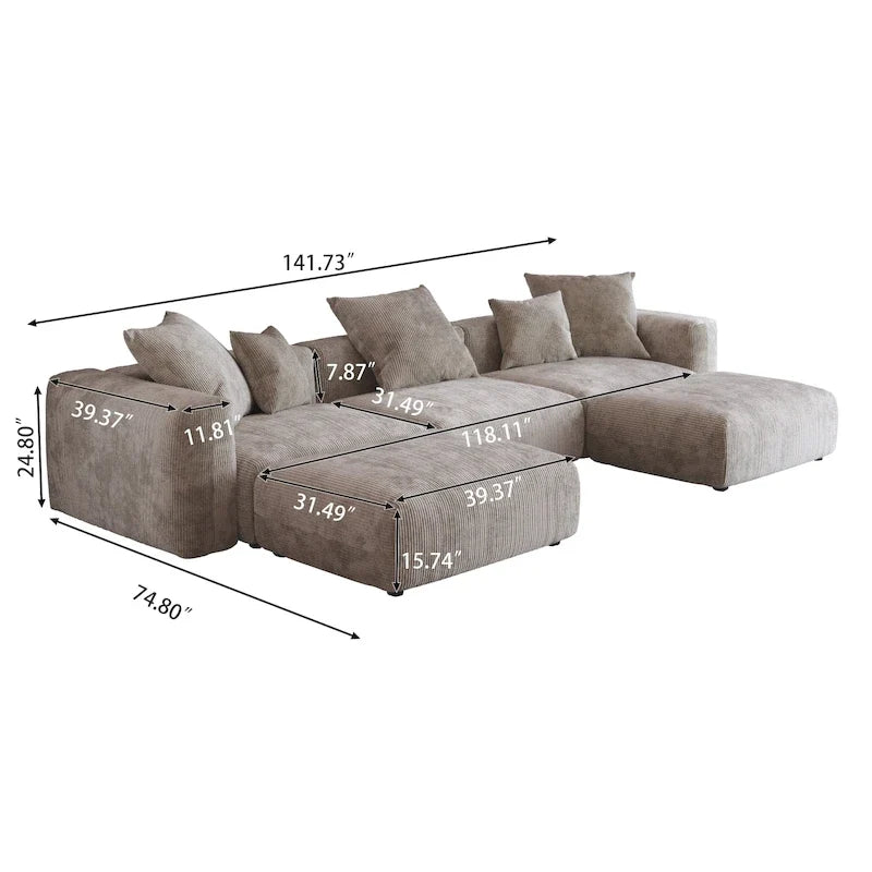Canapé d’angle modulable 141,73, canapé en velours côtelé en U avec poufs