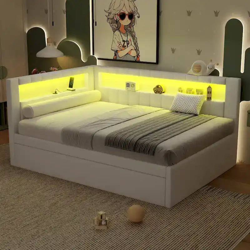 Lit plateforme rembourré avec ports USB et éclairage LED - Cadre de lit double/simple avec 2 tiroirs de rangement - Chambre moderne