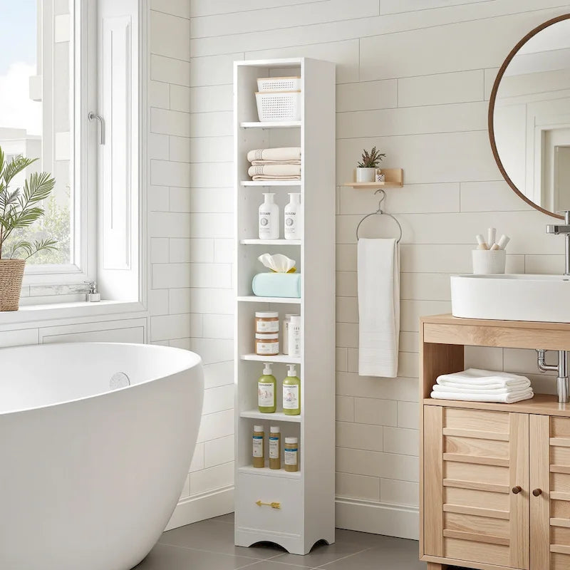 VECELO Armoire de salle de bain étroite de 180 cm de haut, en bois massif, 8 étagères, meuble de rangement autonome