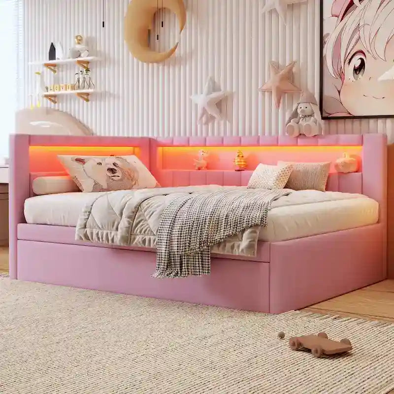Lit plateforme rembourré avec ports USB et éclairage LED - Cadre de lit double/simple avec 2 tiroirs de rangement - Chambre moderne