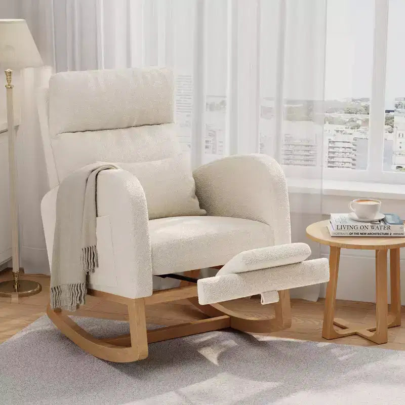 Fauteuil à bascule moderne avec oreiller et poches latérales, pour salon, chambre à coucher