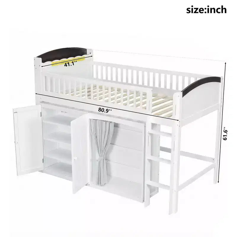 Lit mezzanine GDFStudio Bishop avec armoire de rangement, penderie et LED