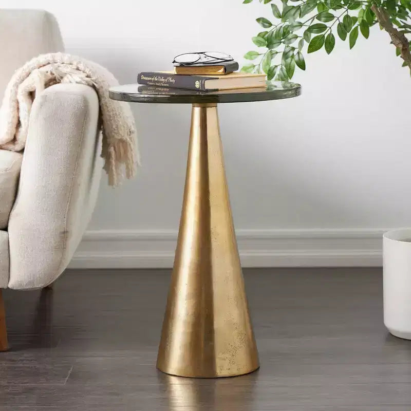 Table d'appoint cône géométrique en aluminium avec plateau en verre texturé 24 po