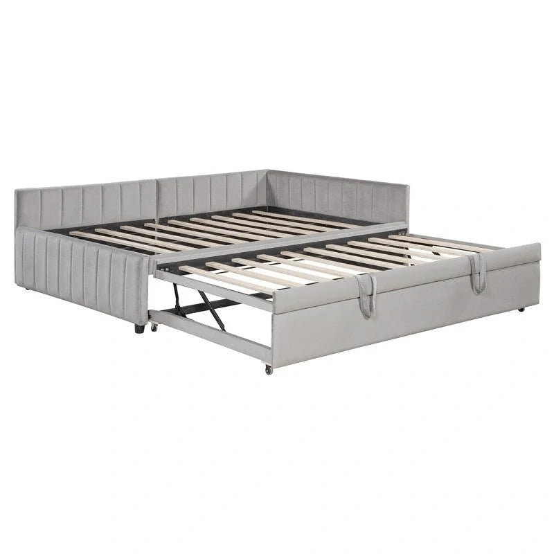 Lit de repos rembourré avec lit gigogne escamotable simple, Cadre de lit de repos double avec dossier en L et design rayé