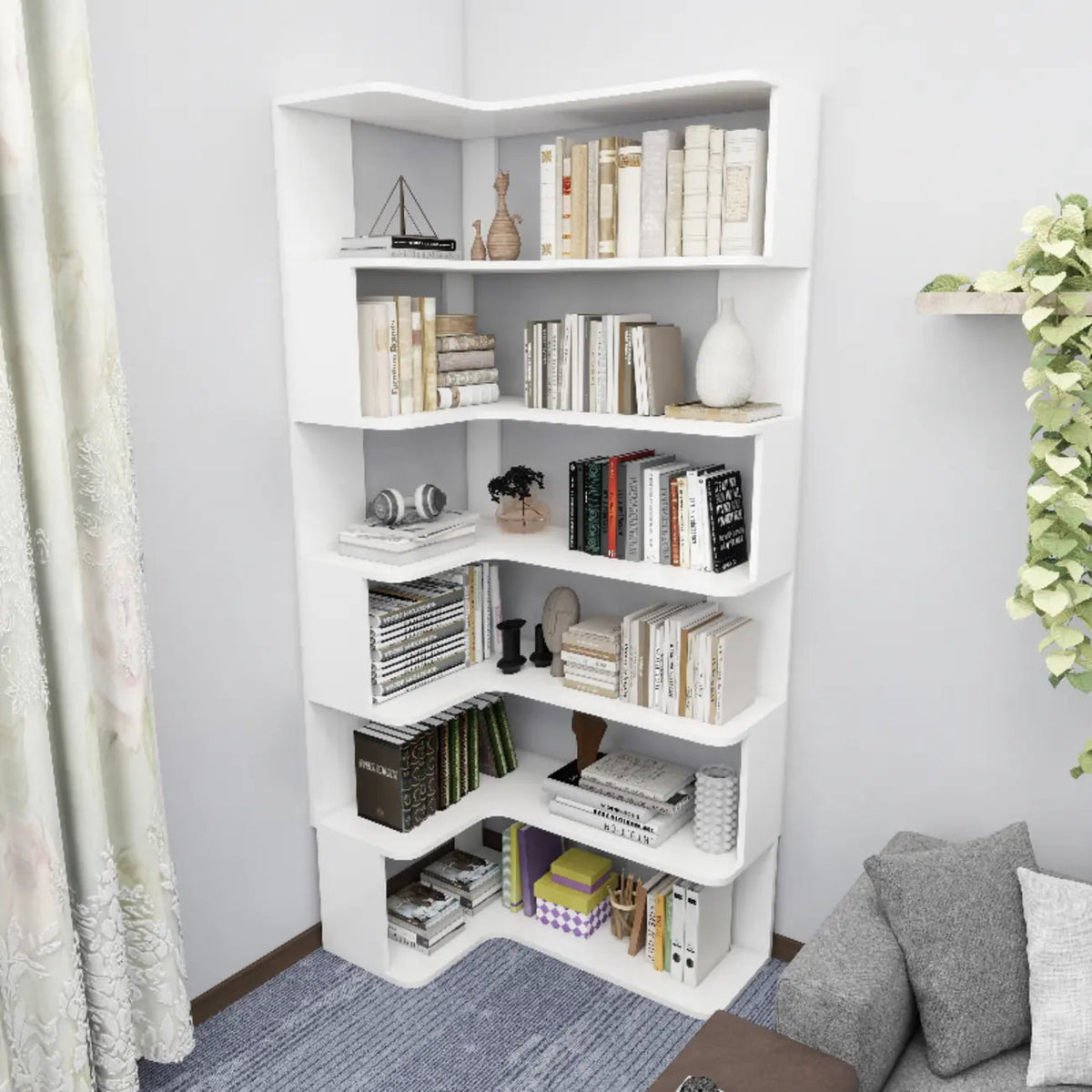 Étagère d'angle en bois manufacturé à 6 tablettes