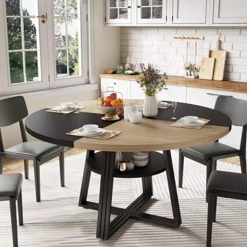 Table de salle à manger ronde pour 4 à 6 personnes, table de cuisine de 120 cm avec étagère de rangement, table à manger en bois avec base en métal pour salon, sans chaises