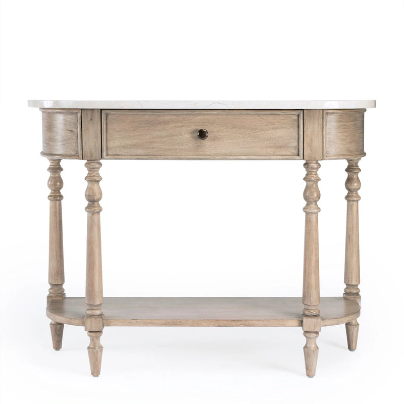 Table console avec plateau en marbre – Marron clair / gris / noir délavé, demi-lune, montage par une personne