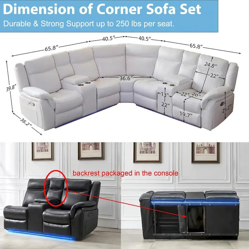 Canapé d'angle inclinable électrique avec lumières LED, fauteuil inclinable en similicuir, porte-gobelets en forme de L, port USB pour salon noir