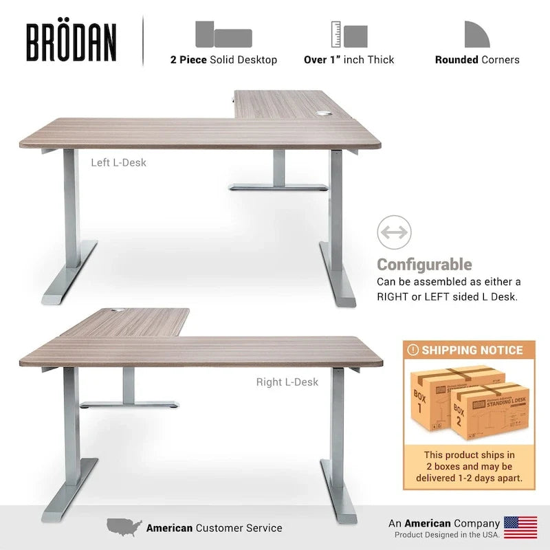 Bureau assis-debout électrique BRODAN, bureau de travail réglable en hauteur, en L