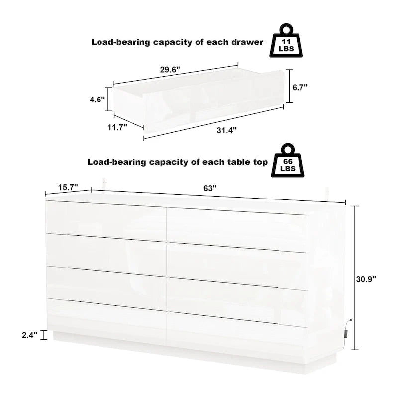 Commode 63 à finition haute brillance avec caisson éclairé à 8 tiroirs et plateau spacieux