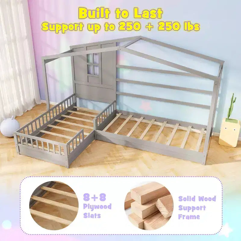 Lits superposés en L avec plateforme en forme de maison, fenêtre et barrières – Gris/Blanc