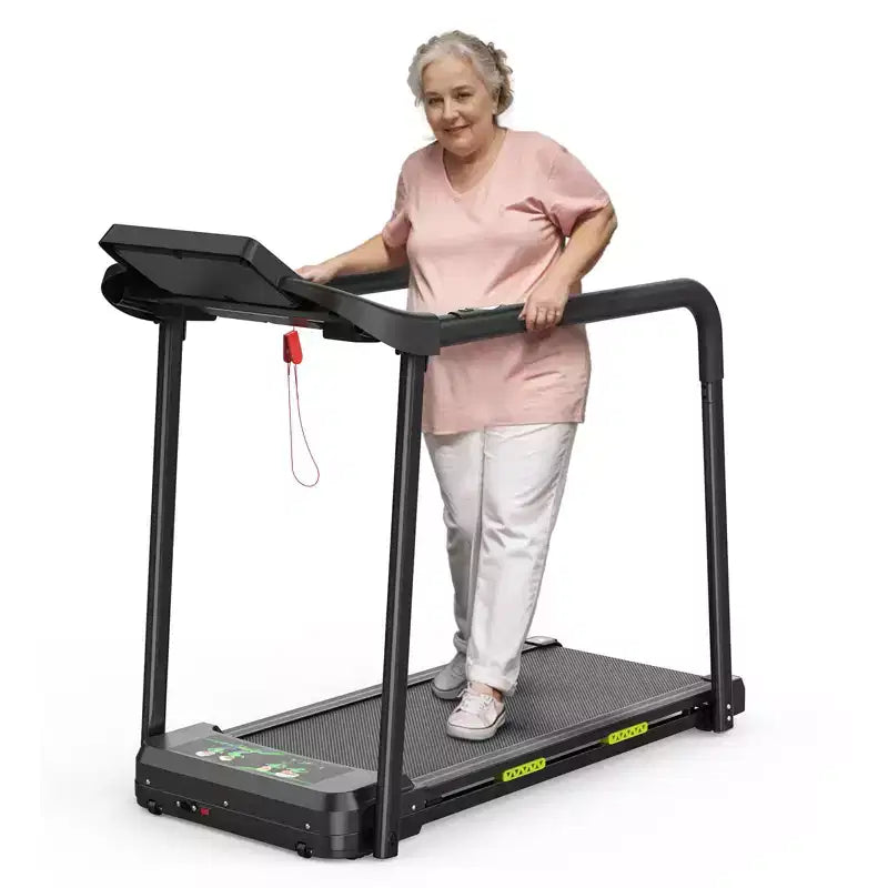 Tapis de marche Okak pour seniors, tapis de course pliable avec longue barre d'appui pour l'équilibre, tapis de course avec grand écran LED, noir