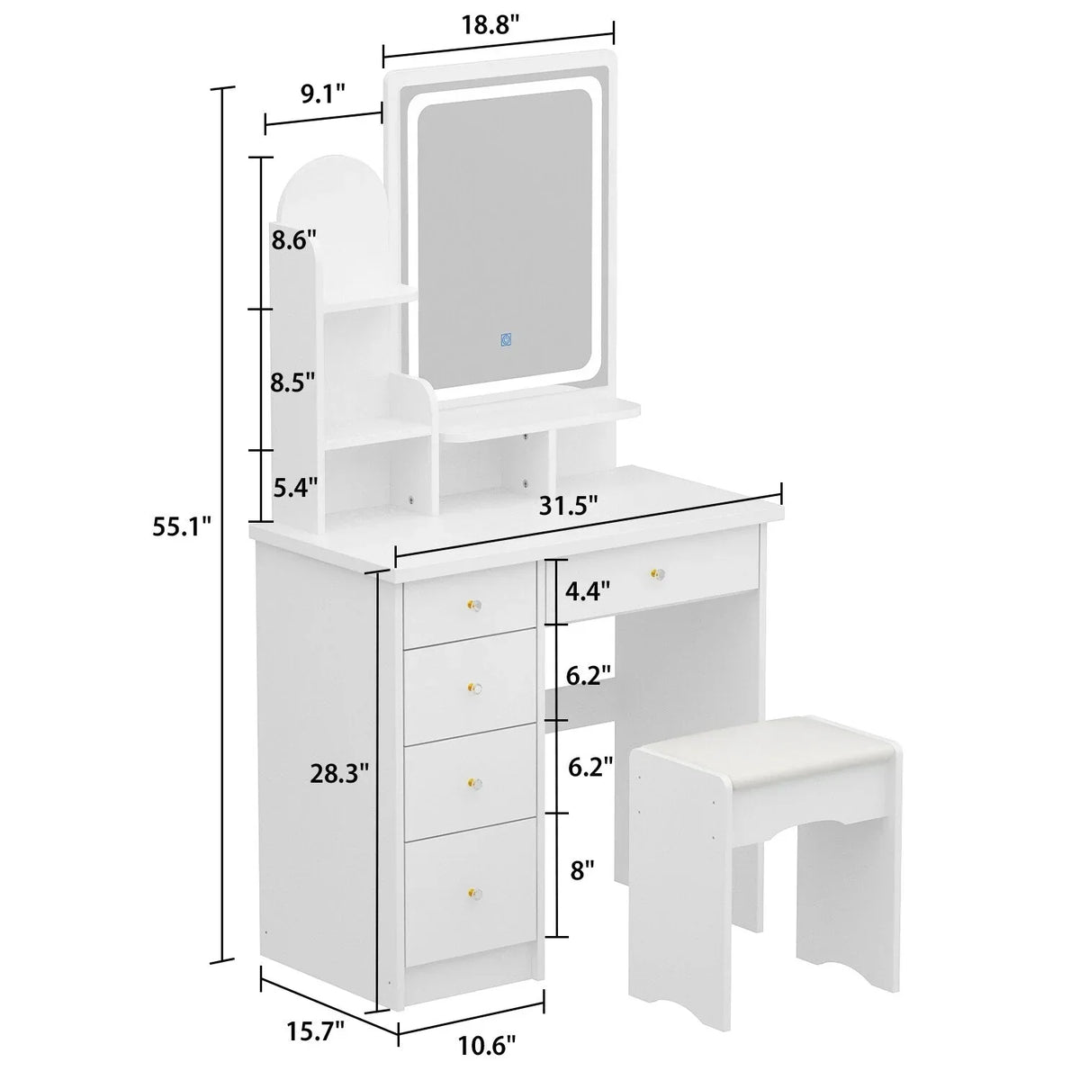 Coiffeuse avec miroir, éclairage LED et tabouret